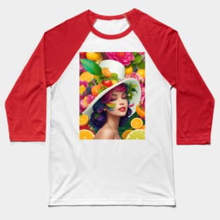 А woman with a white hat and some colorful fruity Baseball T-Shirt